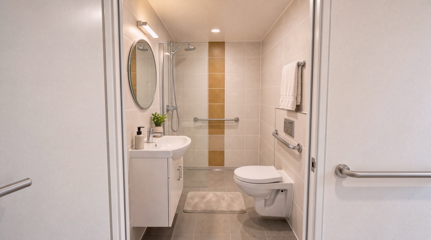 De badkamer met gelijkvloerse douche, beugels bij het toilet en in de douche, wastafel met spiegel en handdoeken.