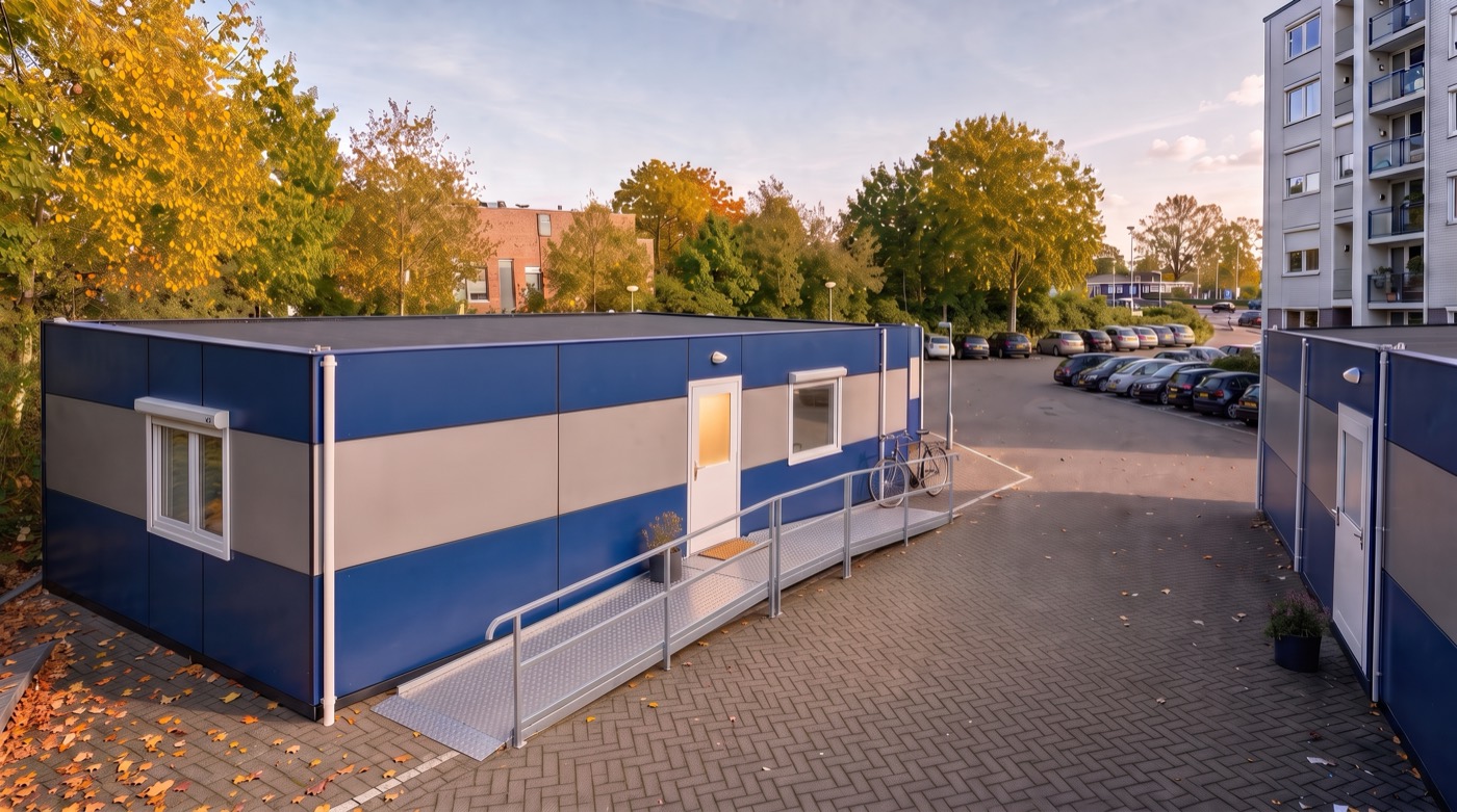 De voordeur van de logeerwoning op de parkeerplaats, met een hellingbaan naar de deur, een fiets en een plant.