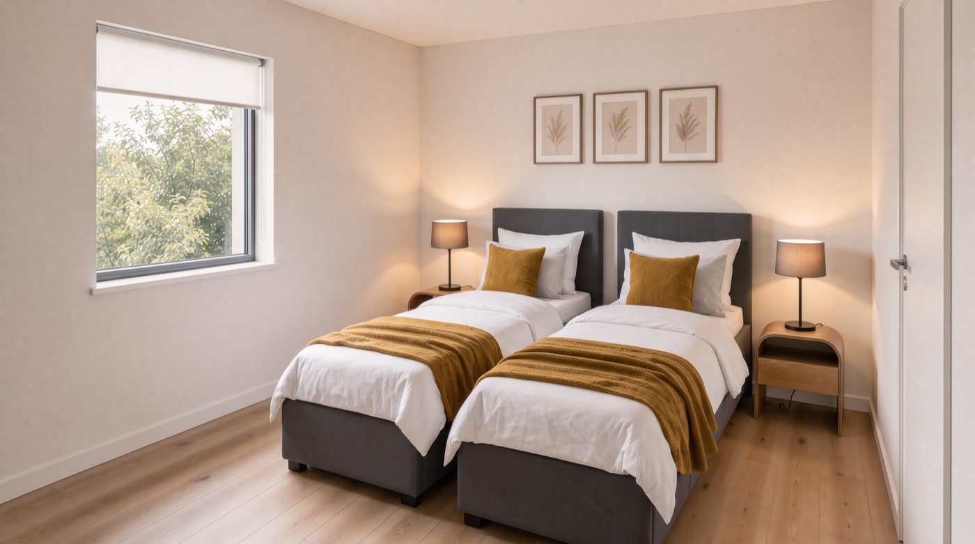 De slaapkamer met twee opgemaakte eenpersoonsbedden naast elkaar, nachtkastjes met lampjes en een rolgordijn.